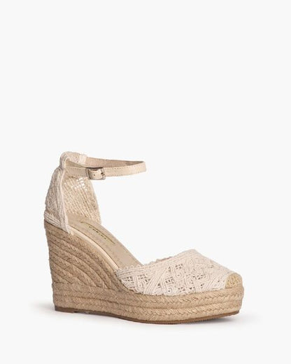 Beige Crochet Espadrille Wedge Sandal with Ankle Strap