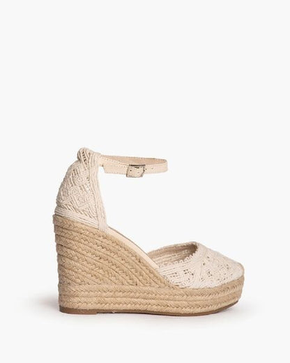 Beige Crochet Espadrille Wedge Sandal with Ankle Strap