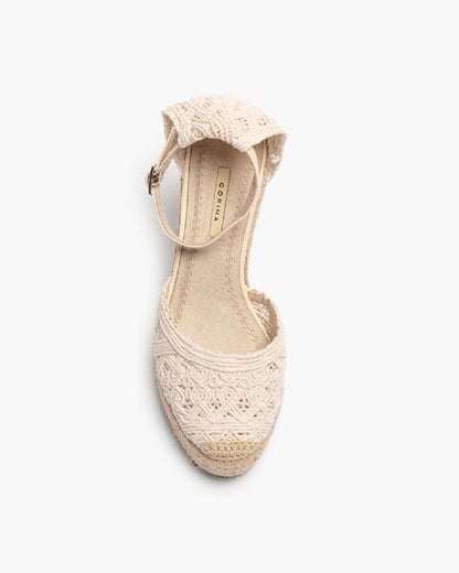 Beige Crochet Espadrille Wedge Sandal with Ankle Strap