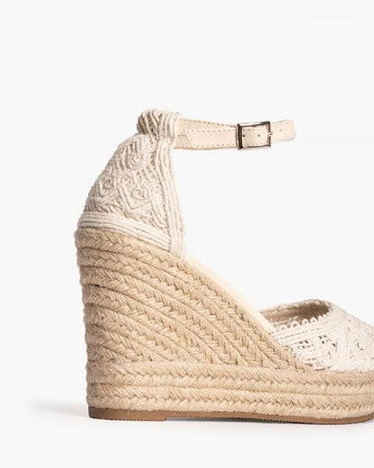 Beige Crochet Espadrille Wedge Sandal with Ankle Strap