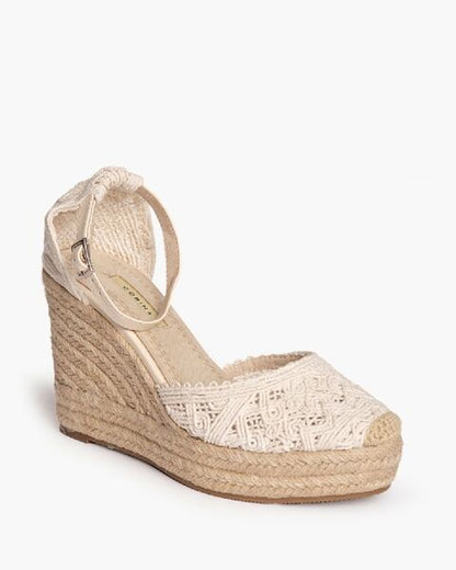 Beige Crochet Espadrille Wedge Sandal with Ankle Strap