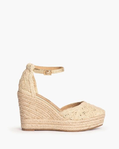 Beige Crochet Wedge Espadrilles with Ankle Strap