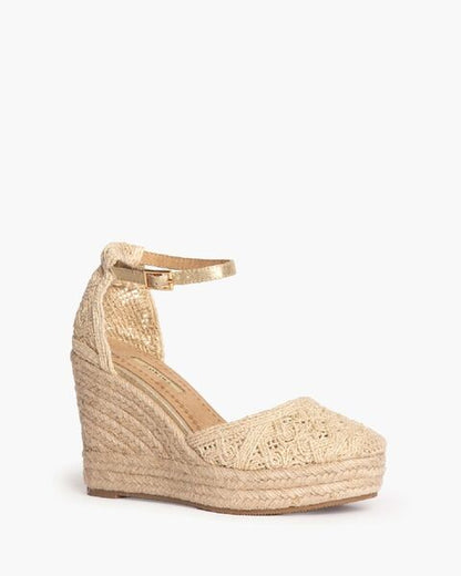 Beige Crochet Wedge Espadrilles with Ankle Strap