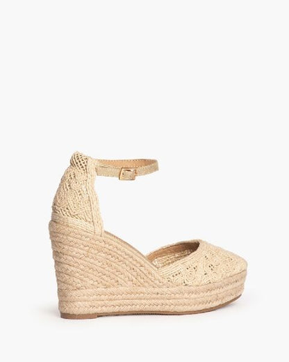 Beige Crochet Wedge Espadrilles with Ankle Strap