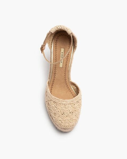 Beige Crochet Wedge Espadrilles with Ankle Strap