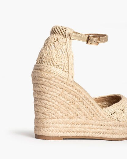 Beige Crochet Wedge Espadrilles with Ankle Strap
