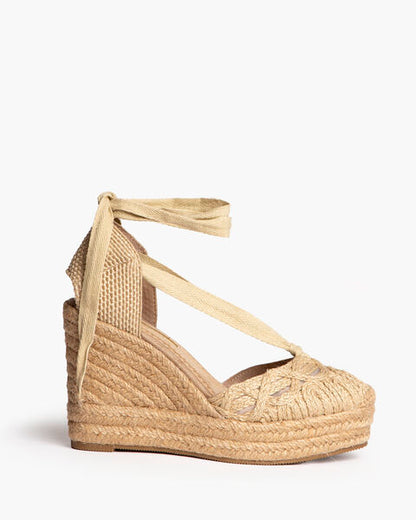 Beige Braided Espadrille Wedges with Ankle Tie
