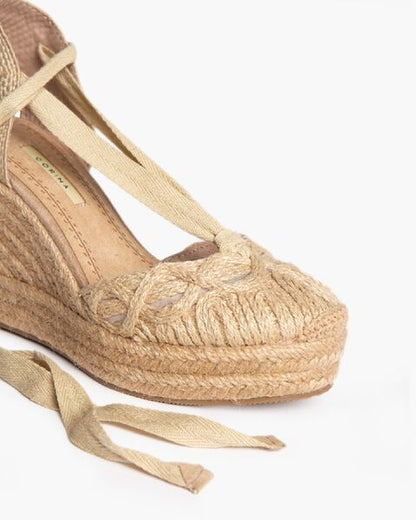 Beige Braided Espadrille Wedges with Ankle Tie