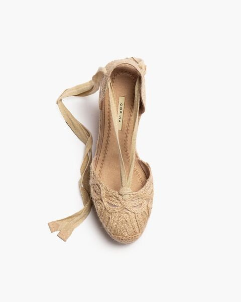 Beige Braided Espadrille Wedges with Ankle Tie