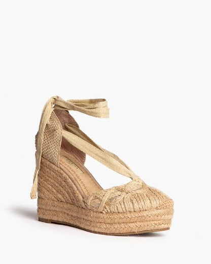 Beige Braided Espadrille Wedges with Ankle Tie