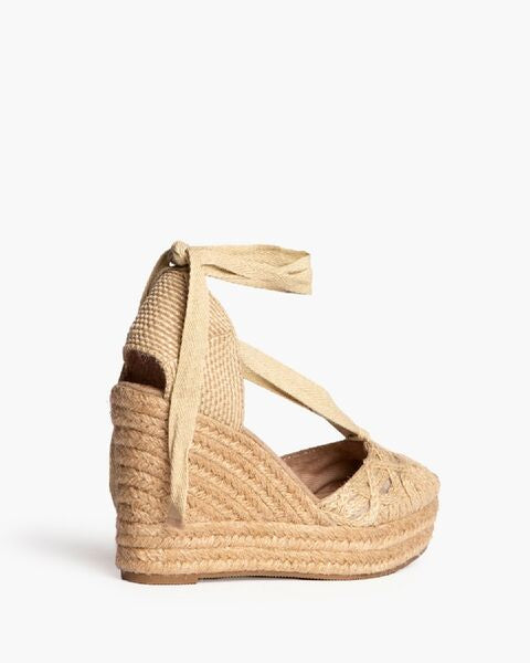 Beige Braided Espadrille Wedges with Ankle Tie