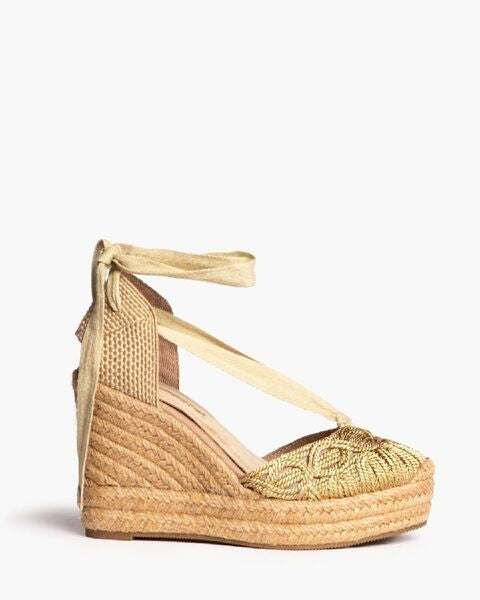 Gold Woven Espadrille Wedge with Lace-Up Detail