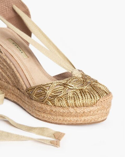 Gold Woven Espadrille Wedge with Lace-Up Detail