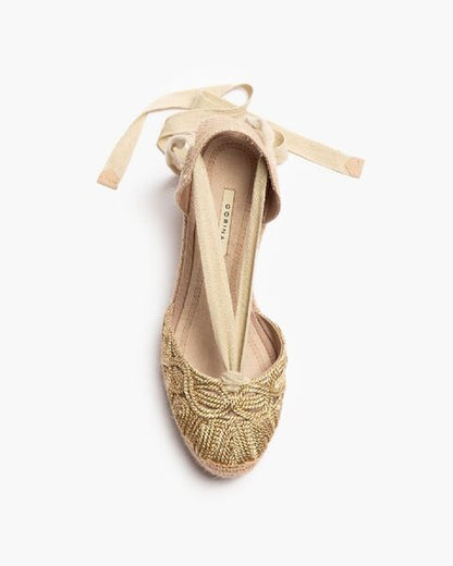 Gold Woven Espadrille Wedge with Lace-Up Detail