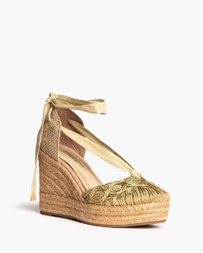 Gold Woven Espadrille Wedge with Lace-Up Detail