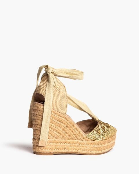Gold Woven Espadrille Wedge with Lace-Up Detail