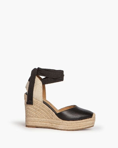 Black Espadrille Wedge Sandals with Wrap Tie