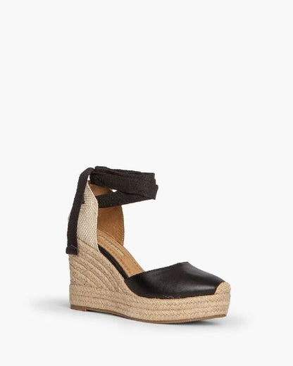 Black Espadrille Wedge Sandals with Wrap Tie