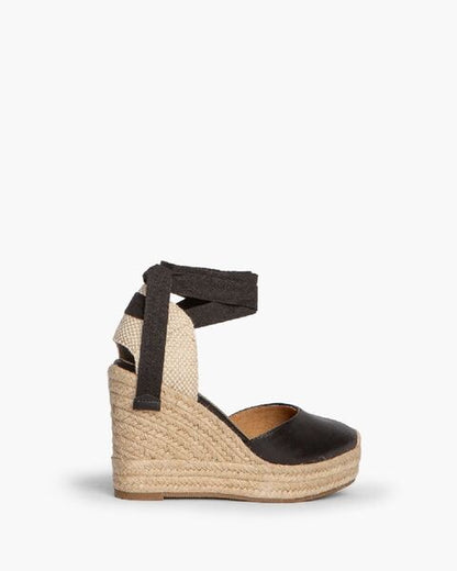 Black Espadrille Wedge Sandals with Wrap Tie