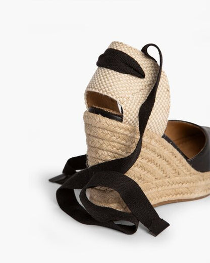 Black Espadrille Wedge Sandals with Wrap Tie