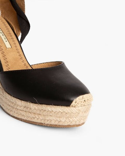 Black Espadrille Wedge Sandals with Wrap Tie