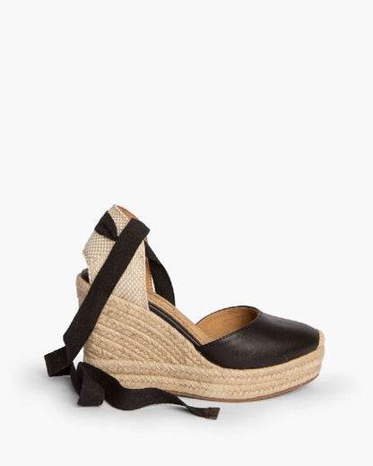 Black Espadrille Wedge Sandals with Wrap Tie