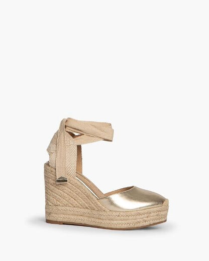 Gold Woven Espadrille Wedge with Ankle Tie