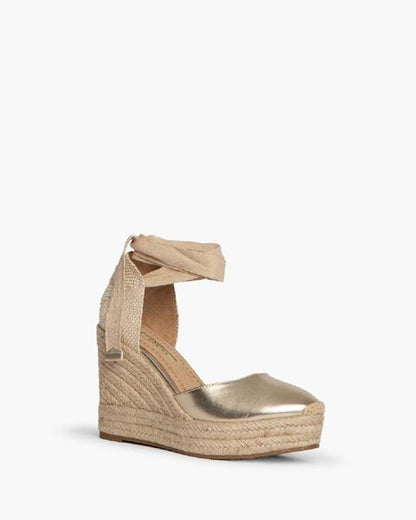 Gold Woven Espadrille Wedge with Ankle Tie