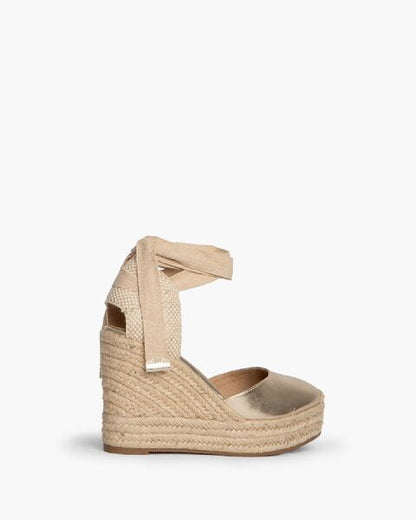 Gold Woven Espadrille Wedge with Ankle Tie