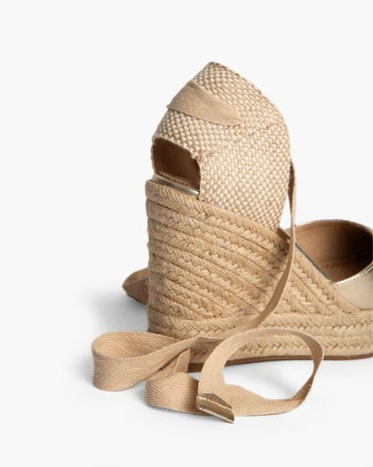 Gold Woven Espadrille Wedge with Ankle Tie
