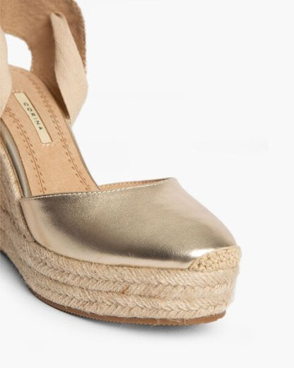 Gold Woven Espadrille Wedge with Ankle Tie