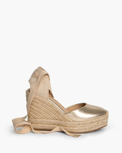 Gold Woven Espadrille Wedge with Ankle Tie