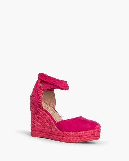 Pink Suede Wedge Espadrilles with Ankle Tie