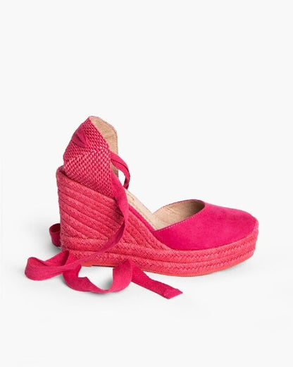 Pink Suede Wedge Espadrilles with Ankle Tie