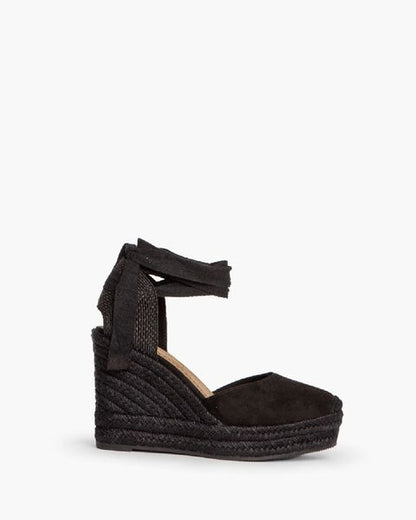 Black Woven Espadrille Wedges with Tie Closure