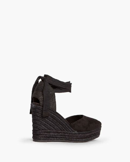 Black Woven Espadrille Wedges with Tie Closure