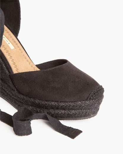 Black Woven Espadrille Wedges with Tie Closure
