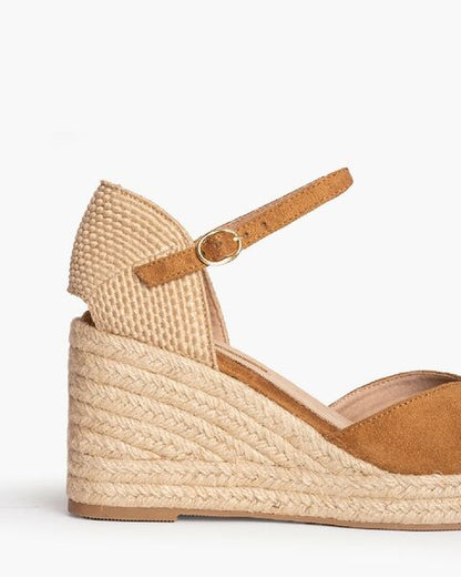 Camel Espadrille Wedge Sandals with Ankle Strap
