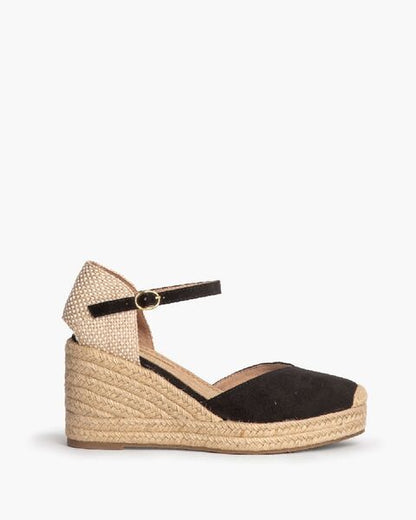 Black Suede Espadrille Wedge with Ankle Strap
