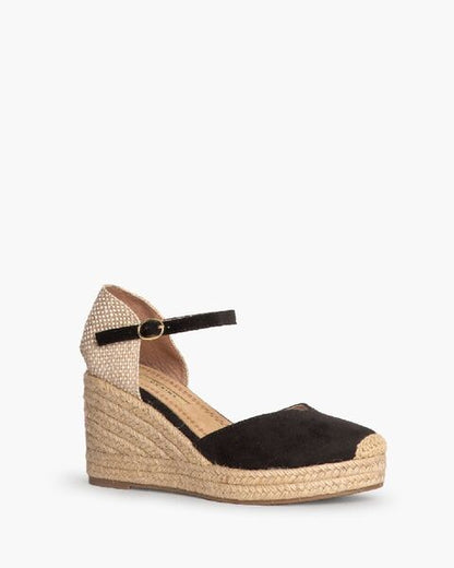 Black Suede Espadrille Wedge with Ankle Strap