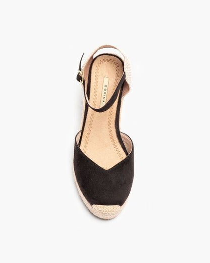 Black Suede Espadrille Wedge with Ankle Strap