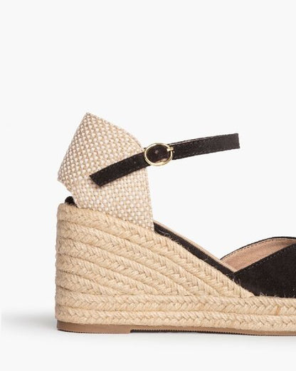 Black Suede Espadrille Wedge with Ankle Strap