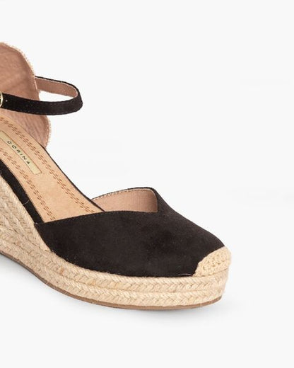 Black Suede Espadrille Wedge with Ankle Strap