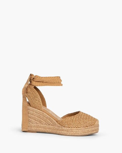 Camel Textured Wedge Espadrille with Ankle Tie