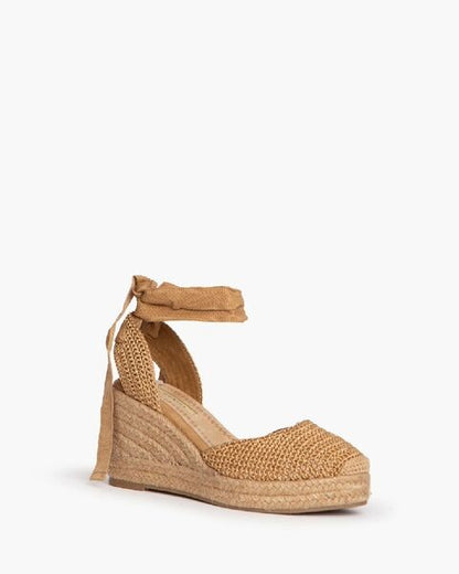 Camel Textured Wedge Espadrille with Ankle Tie