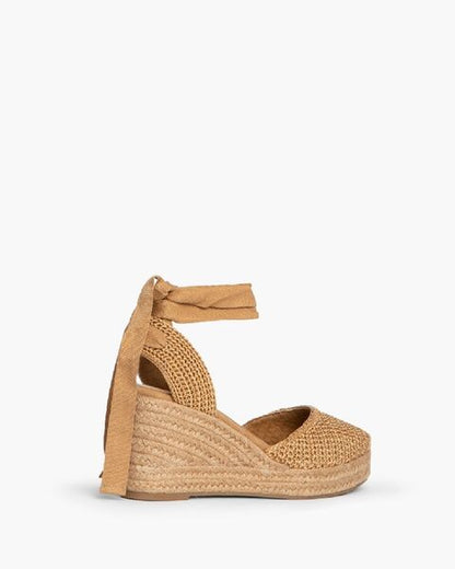 Camel Textured Wedge Espadrille with Ankle Tie
