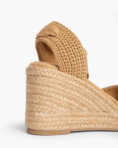 Camel Textured Wedge Espadrille with Ankle Tie