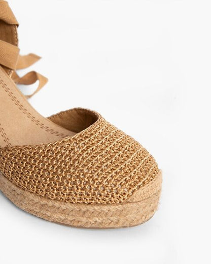 Camel Textured Wedge Espadrille with Ankle Tie