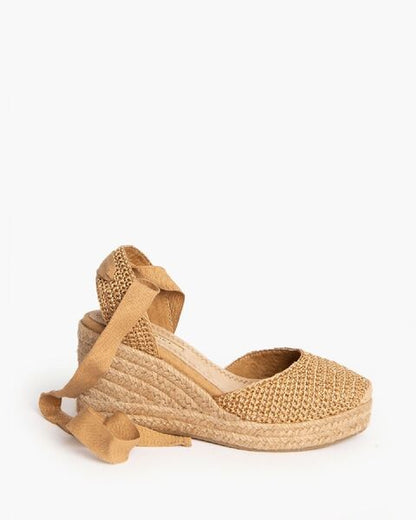 Camel Textured Wedge Espadrille with Ankle Tie