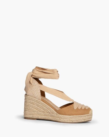 Beige Espadrille Wedge Sandals with Ankle Tie